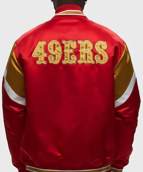 San Francisco 49ers Heavyweight Red Satin Varsity Jacket Back