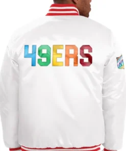 San Francisco 49ers Pride White Satin Varsity Jacket Back