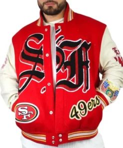 San Francisco 49ers Red and Off White Varsity Jacket