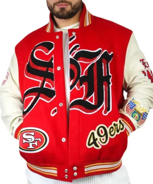 San Francisco 49ers Red and Off White Varsity Jacket