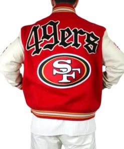 San Francisco 49ers Red and Off White Varsity Jacket Back