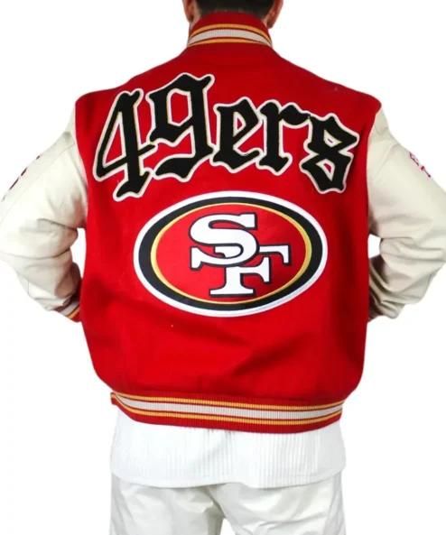San Francisco 49ers Red and Off White Varsity Jacket Back