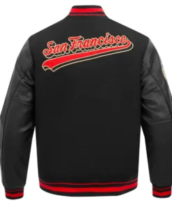 San Francisco 49ers Script Tail Classic Black Varsity Jacket Back