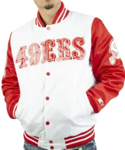 San Francisco 49ers White and Red Satin Varsity Jacket
