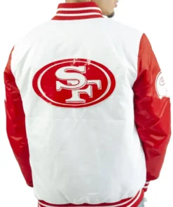 San Francisco 49ers White and Red Satin Varsity Jacket Back