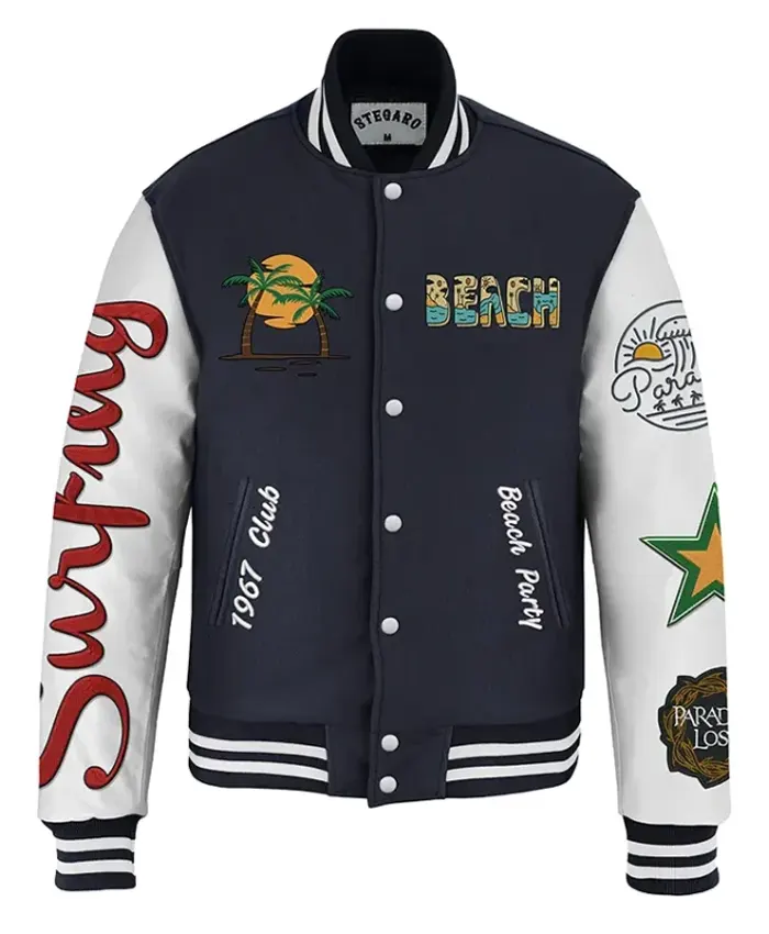 Stegaro Navy Blue And White Letterman Varsity Jacket