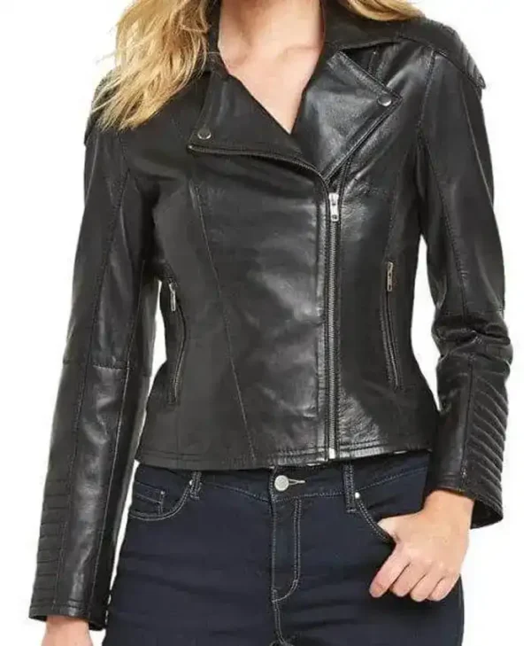 Venson Women Black Biker Leather Jacket