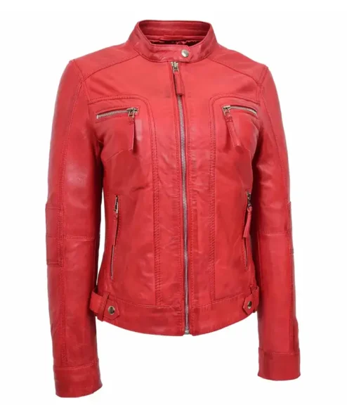Women’s Snap Tab Collar Sheepskin Red Jacket