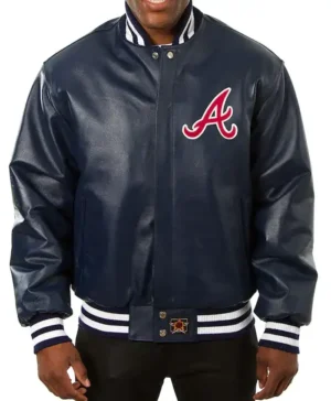 Atlanta Braves Leather Navy Blue Bomber Jacket