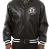Brooklyn Nets Black Leather Full Snap Varsity Jacket