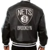Brooklyn Nets Black Leather Full Snap Varsity Jacket Back
