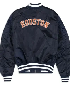 Buy Houston Astros Navy Blue Satin MA-1 Bomber Jacket For Men And Women