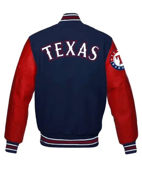 Buy Now Texas Rangers Navy Blue And Red Full Snap Varsity Jacket For Unisex