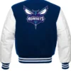 Charlotte Hornets Blue and White Wool Full Snap Varsity Jacket Back