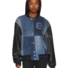 Christina Hall The Flip Off Blue Denim Varsity Jacket For Sale