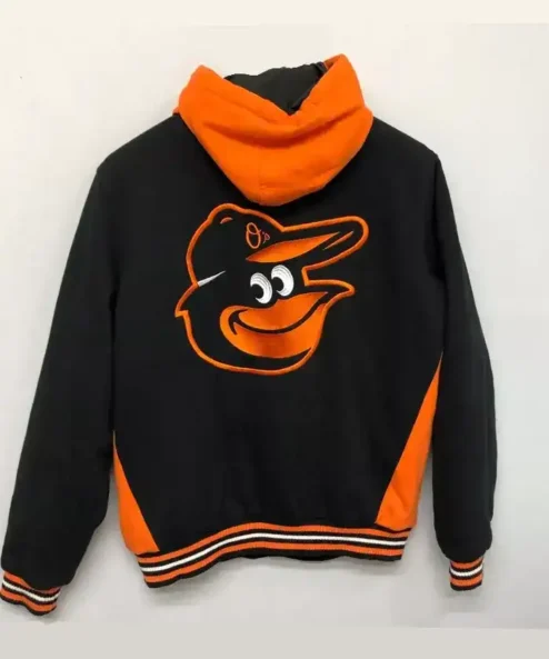Get Now Baltimore Orioles Men Black Bomber Varsity Hooded Jacket For Sale