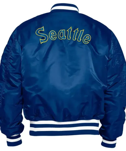 Get Now Seattle Mariners Zipper Blue Satin Bomber Jacket For Sale
