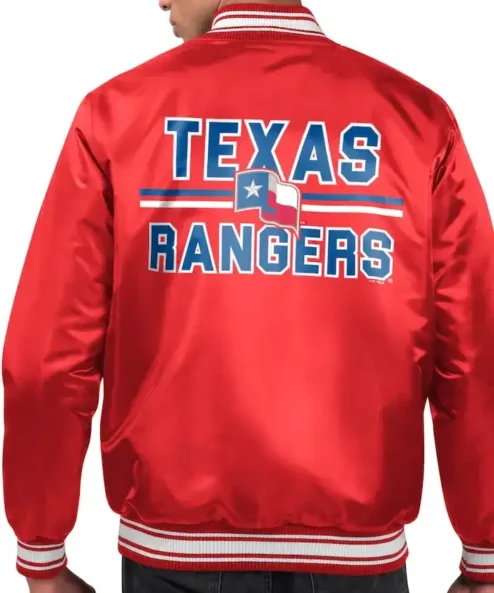 Get Now Texas Rangers Bomber Full Snap Satin Red Jacket For Sale