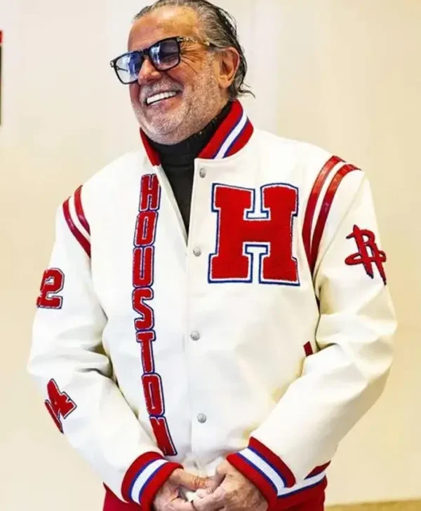Houston Rockets Leather White Full Snap Varsity Jacket