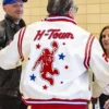 Houston Rockets Leather White Full Snap Varsity Jacket Back