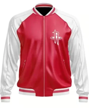 Houston Rockets Red And White Bomber Leather Zip Jacket