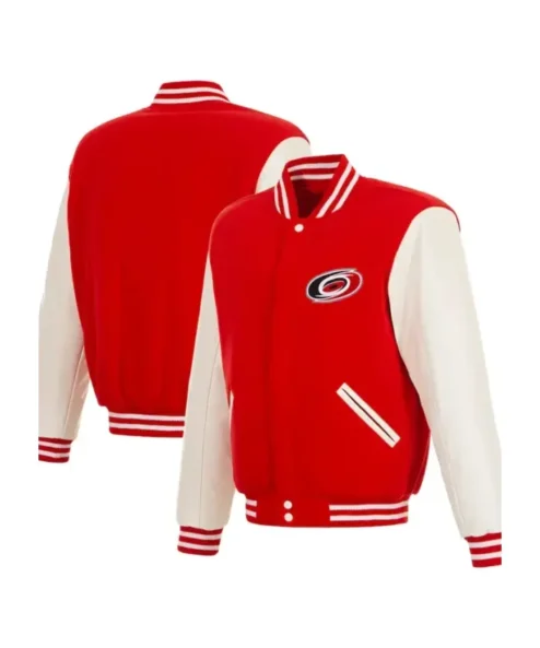 Hurricanes Red And White Wool Snap Letterman Varsity Jacket