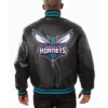 Jan Sporer Charlotte Hornets Black Leather Bomber Jacket Back