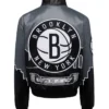 Janelle Brooklyn Nets Black Leather Varsity Jacket Back