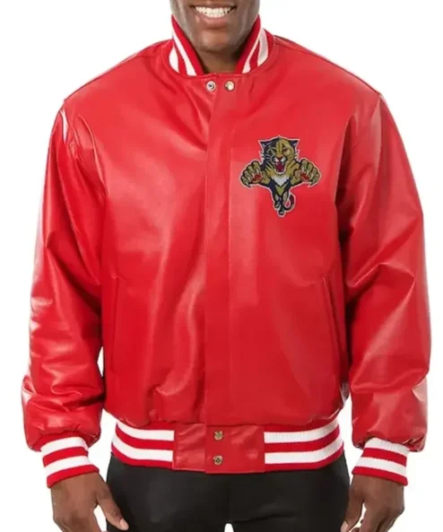 Kara Orn Florida Panthers Red Leather Letterman Varsity Jacket