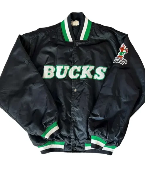 Milwaukee Bucks 90s Black Satin Varsity Jacket