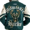 Milwaukee Bucks Green Wool Letterman Jacket Back