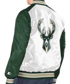 Milwaukee Bucks White And Green Renegade Satin Varsity Jacket Back