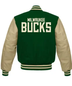 NBA Milwaukee Bucks Green And Beige Varsity Jacket Back