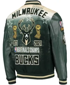 NBA Milwaukee Bucks Leather Green Varsity Jacket Back