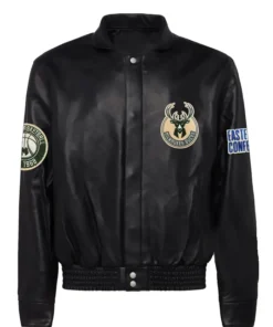 NBA Team Milwaukee Bucks Black Leather Bomber Jacket