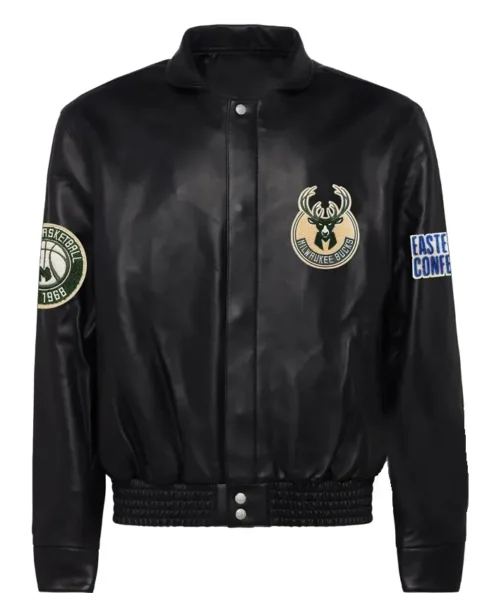 NBA Team Milwaukee Bucks Black Leather Bomber Jacket