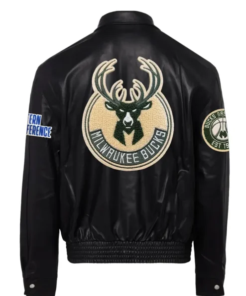 NBA Team Milwaukee Bucks Black Leather Bomber Jacket Back