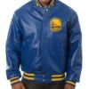 NBA Warriors Navy Blue Bomber Leather Jacket