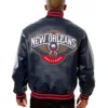 New Orleans Pelicans Navy Blue Leather Bomber Jacket Back