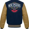 New Orleans Pelicans Navy and Golden Varsity Wool Jacket Back