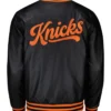 New York Knicks Black And Orange Satin Varsity Jacket Back