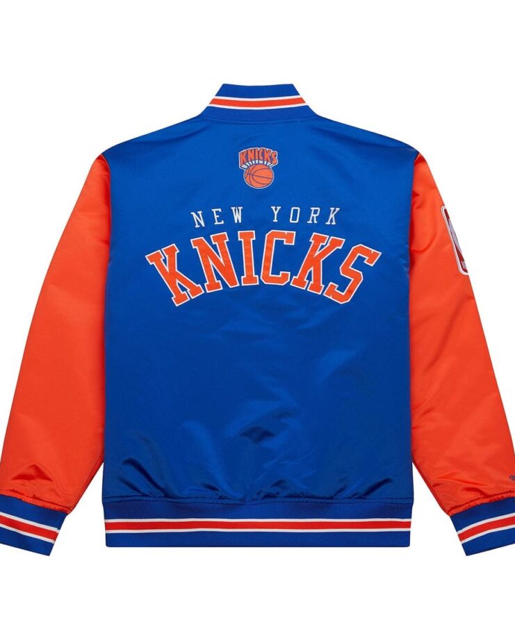 New York Knicks Blue And Orange Satin Varsity Jacket Back