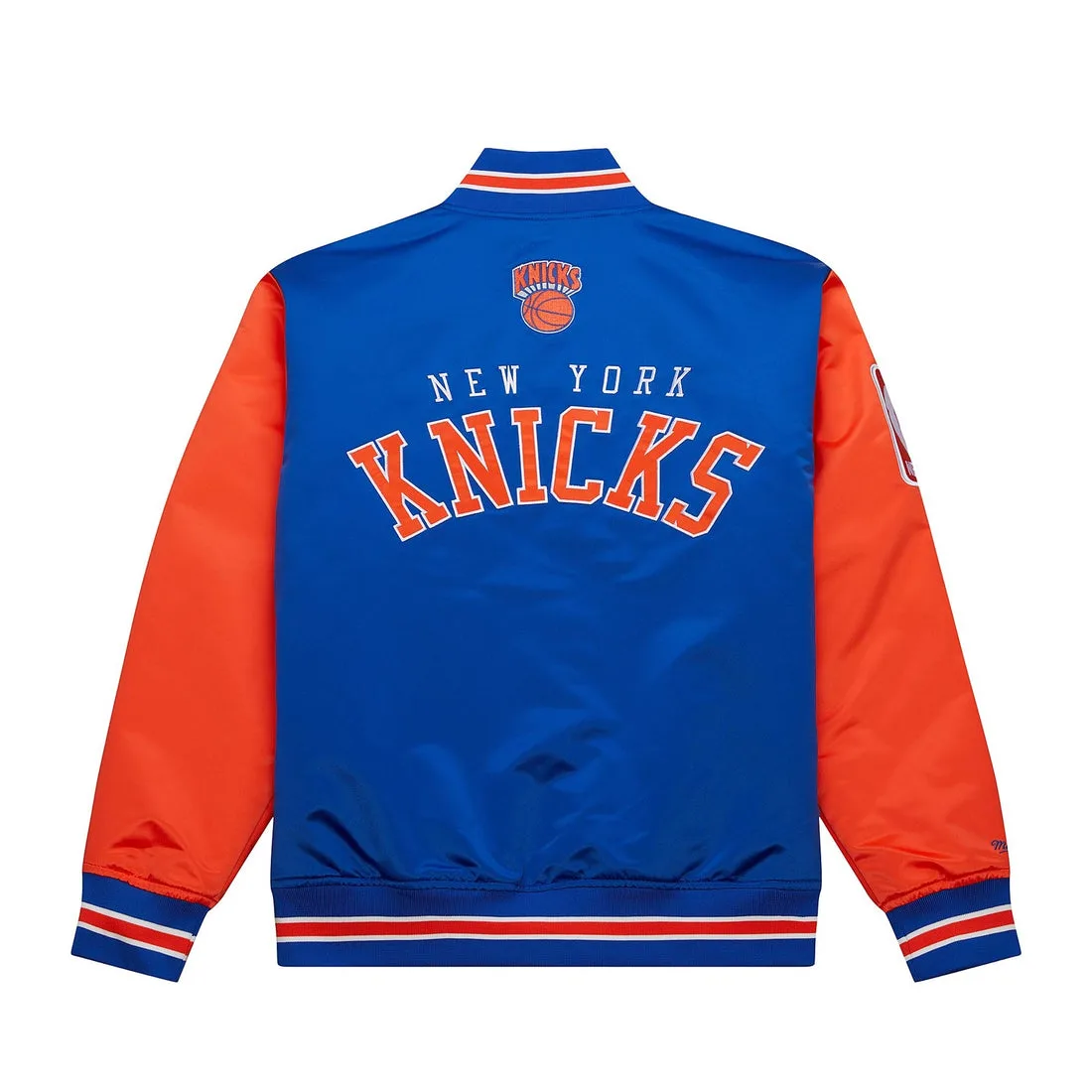 New York Knicks Blue And Orange Satin Varsity Jacket Back