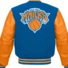 New York Knicks Blue And Orange Wool Varsity Jacket Back