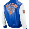 New York Knicks Blue Leather Varsity Jacket Back