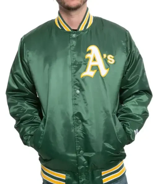 Oakland Athletics Starter Green Satin Bomber Jacket