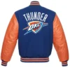 Oklahoma City Thunder Blue and Orange Varsity Full Snap Jacket Back