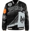 Get this Amalia Brooklyn Nets Black Leather Varsity Bomber Jacket