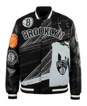 Get this Amalia Brooklyn Nets Black Leather Varsity Bomber Jacket