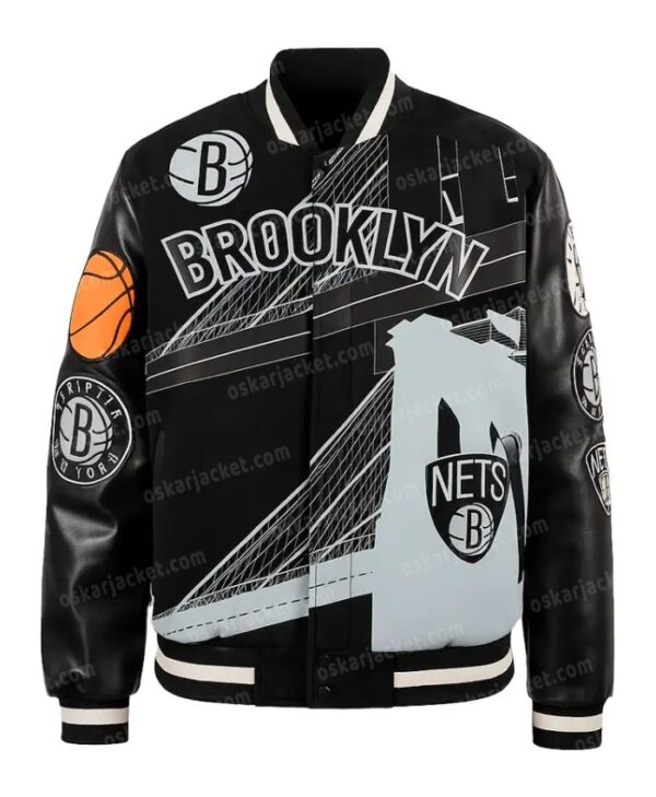 Get this Amalia Brooklyn Nets Black Leather Varsity Bomber Jacket